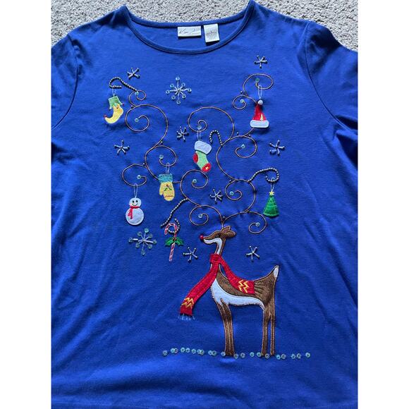 Kim Rogers Blue Holiday Long Sleeve Shirt with Rudolph mittens Santa Hat Cotton - Picture 6 of 6